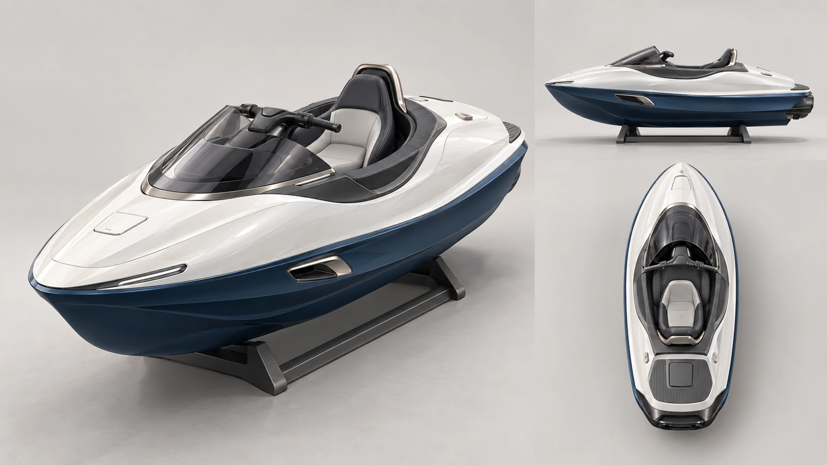 White and navy single-seat watercraft presented from three angles