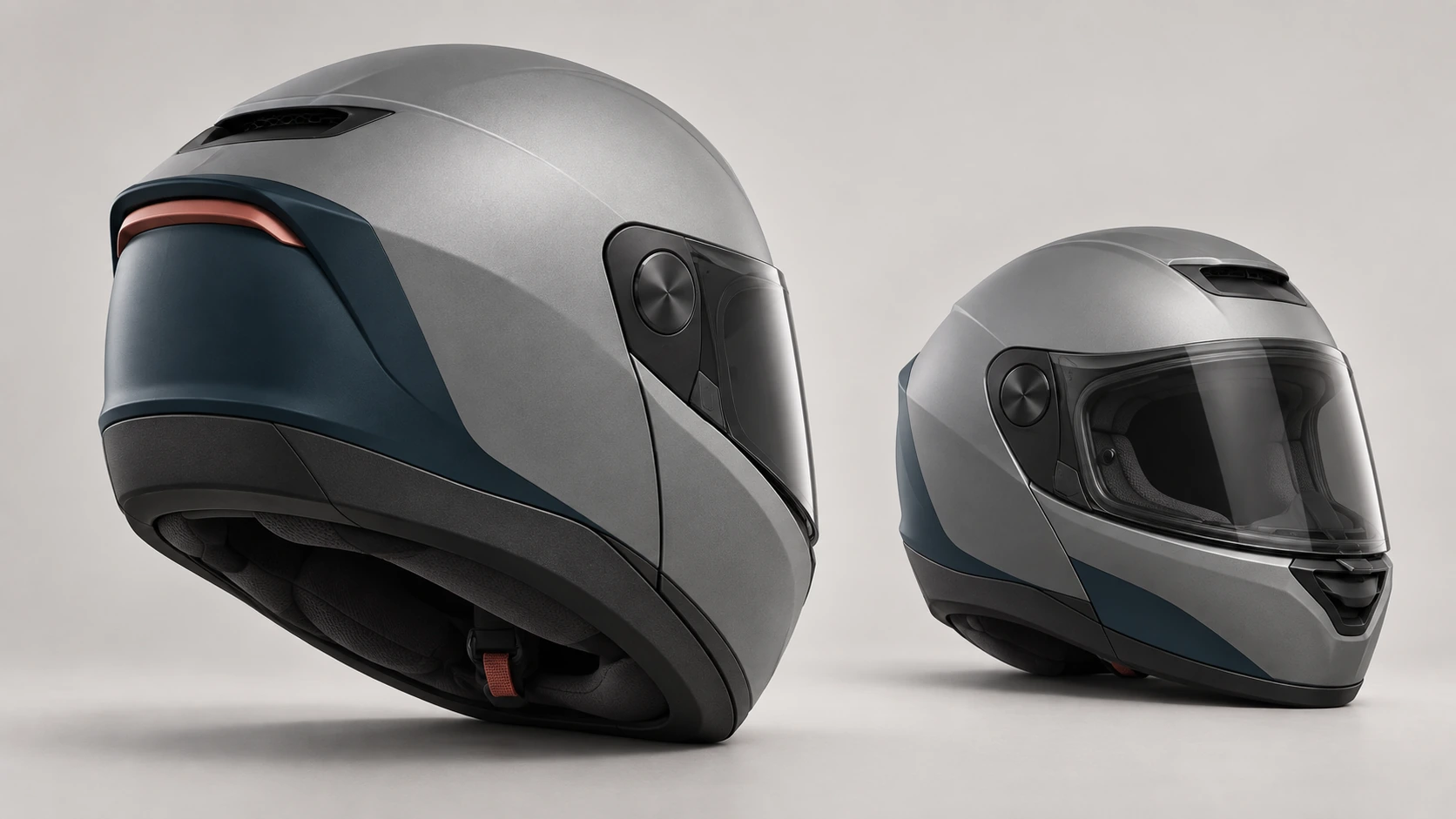 Silver and navy full-face helmet shown from rear and front angles