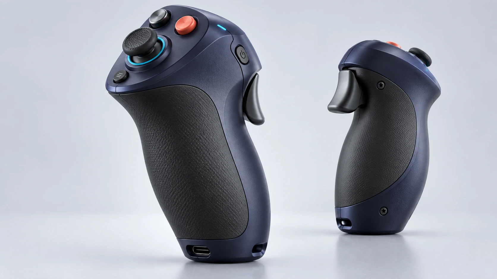 Navy handheld gaming controller shown from front and rear