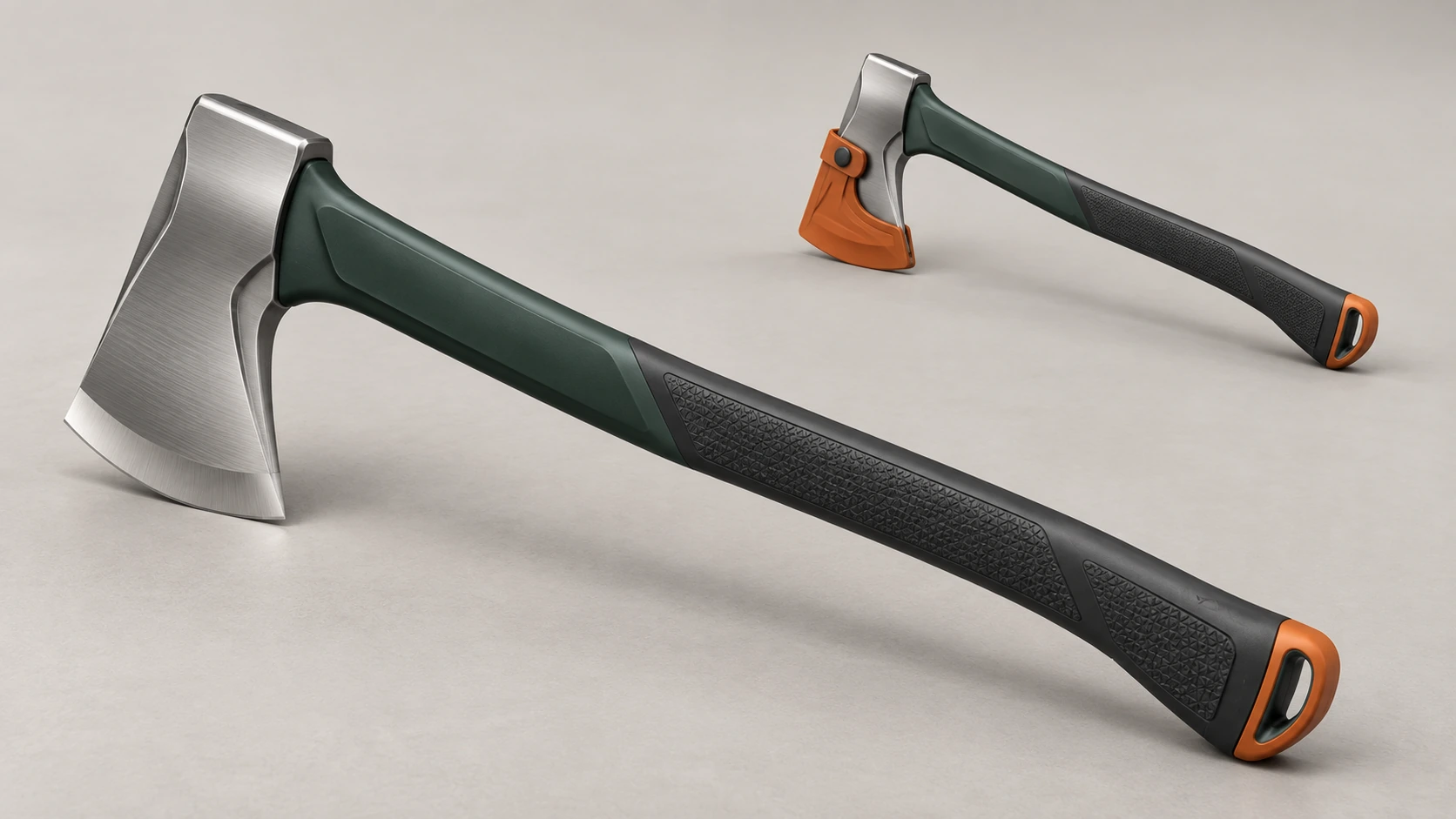 Outdoor axe concept with a steel head and dark green handle